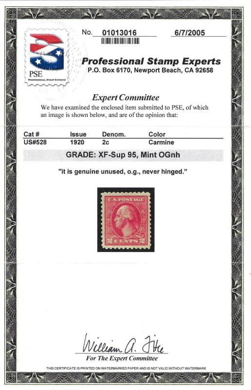 Scott #528 - $200.00 – XF/Sup-OG-NH – PSE cert graded XF-Sup-95 - Top Quality!!