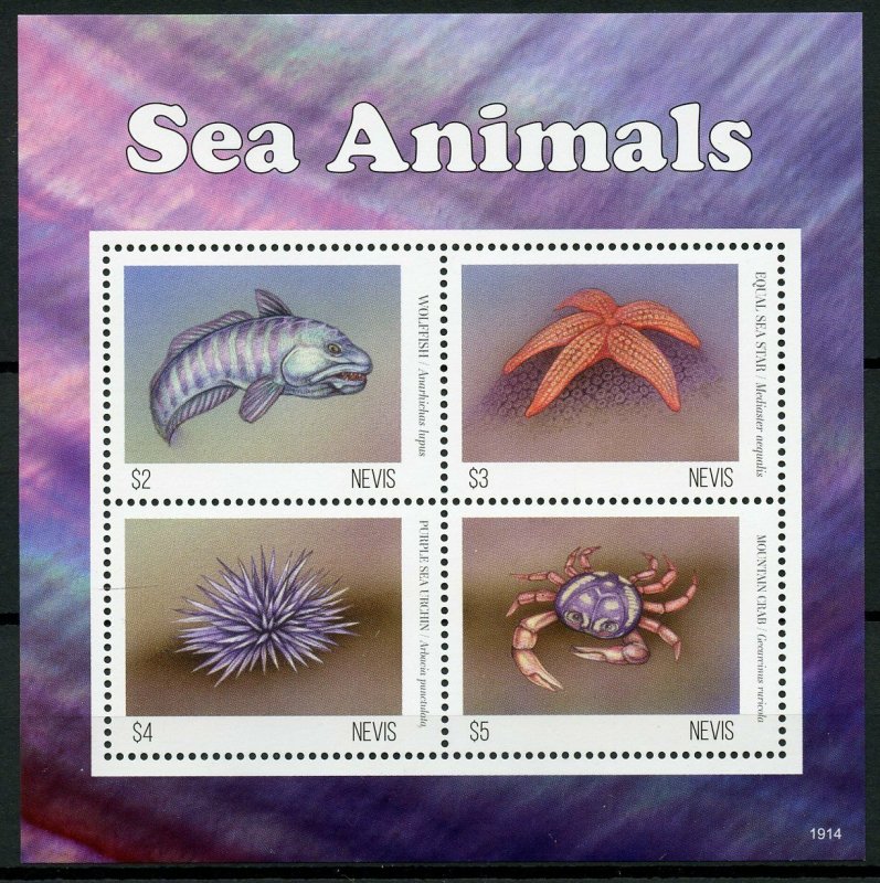 Nevis Fish Stamps 2019 MNH Sea Animals Crabs Sea Star Urchine Marine 4v M/S