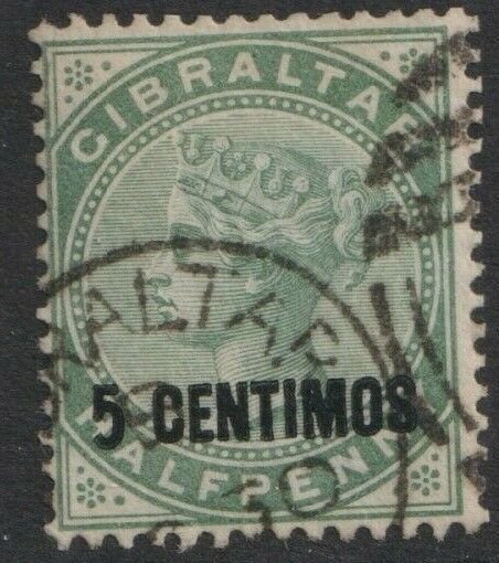 Gibraltar Sc# 22 QV 1889 used 5 centimos on ½ pence surcharge issue CV $32.50