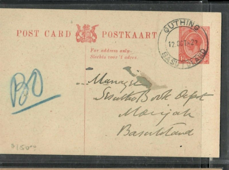 BASUTOLAND COVER (P2205B) 1922 FORERUNNER PSC SA USED QEUTHING TO MORIJA MSG