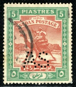 SUDAN KGV Army Official Stamp SG.A24a 5pi *AS* Perfin (1913) Used c£50+ YGREEN81