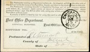 Us Registry Bill Altamont, Dakota Territorium 10/13/84 To Chicago, Il 10/15