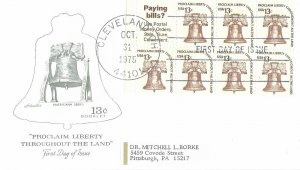 1975 FDC, #1595b, 13c Liberty Bell, Artmaster, booklet pane