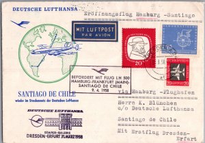 GERMANY DDR 1958 LUFTHANSA FIRST FLIGHT COVER TO SANTIAGO CHILE CANC DRESDEN