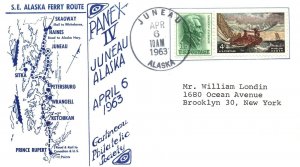 MAP OF SOUTH-EAST ALASKA FERRY ROUTE ON CACHET COVER AT PANEX IV JUNEAU AK 1963