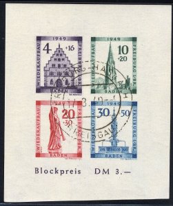 Germany, French Zone - Baden #5NB8b Cat$180, 1949 Freiburg, imperf. souv. she...