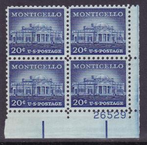 United States 1956 'Liberty' Plate Number Block of Four. 20c Monticello   VF/NH