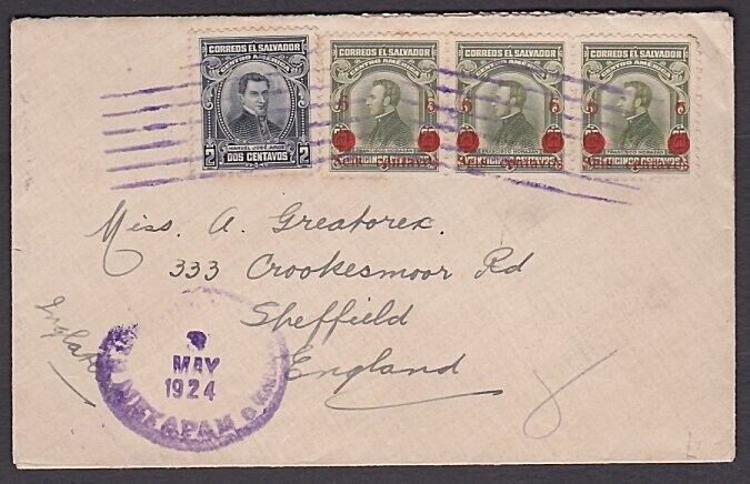 SALVADOR 1924 cover to UK - 6c on 25c overprints etc.......................a2594