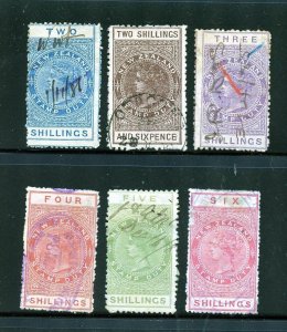 New Zealand #AR1-3, AR5-7 (NE885) Postal-Fiscal stamps of 1882, U, ave,CV$210.00