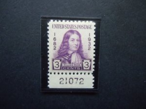 1932 #724 3c William Penn Plate # Single MNH OG VF Includes New Mount