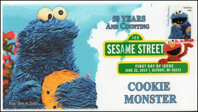19-157, 2019, Sesame Street, Digital Color Postmark, FDC, Cookie Monster, 50 Yea