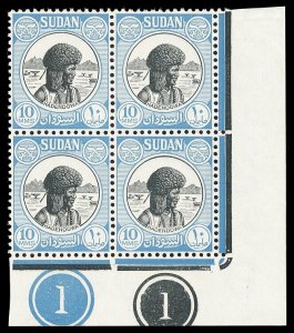 Sudan 1951 10m black & pale blue plate 1 block of four superb MNH. SG 128.