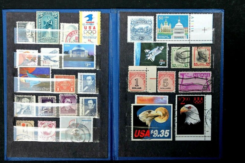 US HIGH VALUE STAMP COLLECTION USED in Vintage Book Lot of 28 Stamps