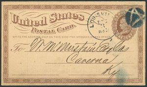 1875, Louisville, KY blue Masonic fancy cancel on UX3 1¢ postal card, VF