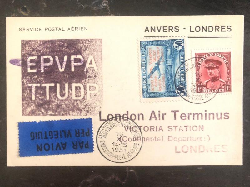 1931 Antwerp Belgium First Flight Postcard Cover FFC to London England