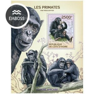Ivory Coast MNH S/S 1223 Monkeys Embossed 2014