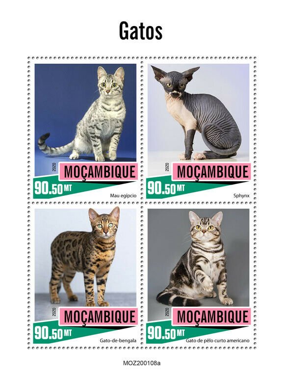 Mozambique Cats Stamps 2020 MNH Egyptian Mau Spynx Shorthair Bengal Cat 4v M/S
