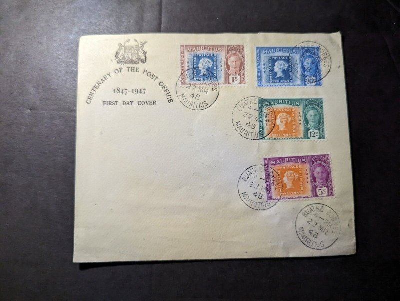 1948 British Mauritius Souvenir First Day Cover FDC Quatre Bornes PO Centenary