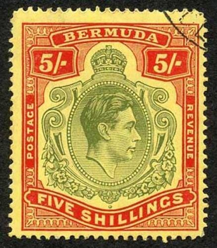 Bermuda SG118b KGVI 5/- Pale Green and Red/yellow Line Perf 14.25 (Ref 82) 