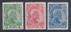 Liechtenstein Sc 1-3 MLH. 1912 Prince Johann II, First Issue complete, F-VF