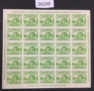 US STAMPS #730 SHEET NO GUM AS ISSUED LOT #26209