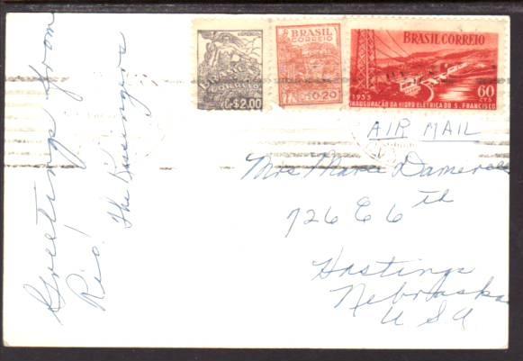 Brazil to Hastings Nebraska 1955 Airmail Postcard 