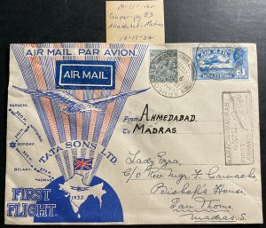 1932 Ahmedabad India Airmail First Flight cover To Madras Tata Airways