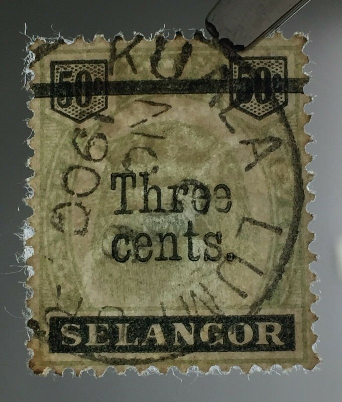 Malaya 1900 Selangor Tiger Three cents on 50c Antique t Fine Used SG#67a M3970 