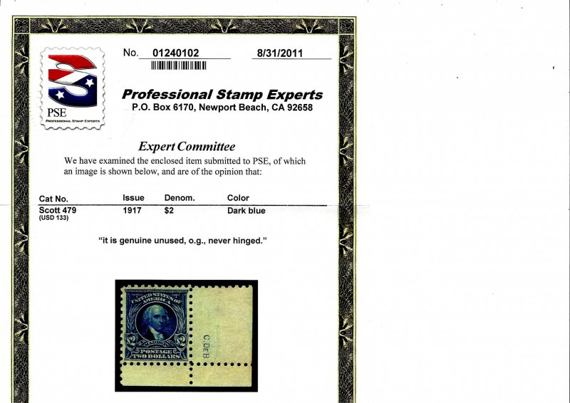 479 Mint,OG,NH... PSE Cert... SCV $475.00... Corner copy with Printer Initials