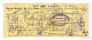 GB WALES RAILWAY Tallylyn Station Oval 1892 Taff Vale Parcel WayBill RARE BL146