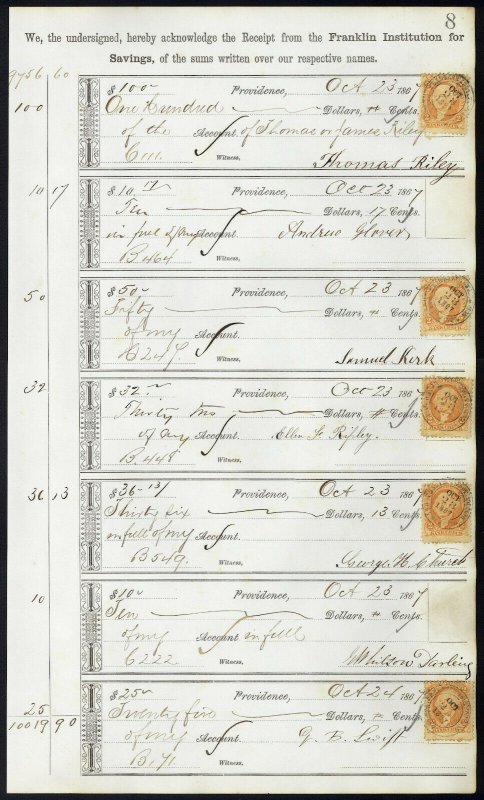 1867 Bank ledger page with R6c revenue stamps handstamp cancels L8