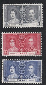 Cyprus # 140-142, 1937 Coronation, Very Lightly Hinged, 1/2 Cat.