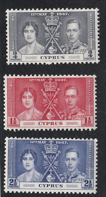 Cyprus # 140-142, 1937 Coronation, Very Lightly Hinged, 1/2 Cat.