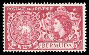 Bermuda #160 Cat$19.50, 1953 5sh deep carmine rose, never hinged