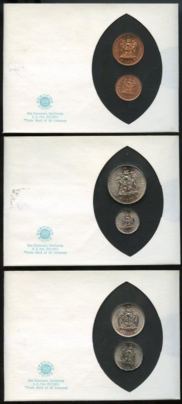 SOUTH AFRICA  1972 SET OF 3  UNCIRCULATED  COINS ON COVERS 