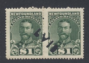 2x Newfoundland Revenue Stamps;  Pair #NFR25-$1.00 No Bank Imprint GV = $35.00