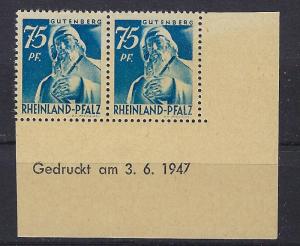 Germany - under French occupation Scott # 6N13; mint nh,pair, var print date+gum