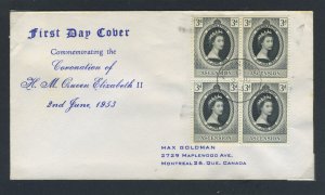 Ascension 1953 QEII Coronation block of four on First Day Cover.