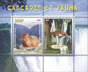 Congo Waterfall Fauna hippopotamus Ostrich Souvenir Sheet of 2 stamps MNH 