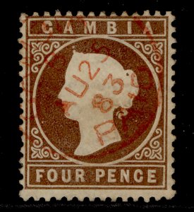 GAMBIA QV SG16B, 4d pale brown, FINE USED. Cat £24. CDS