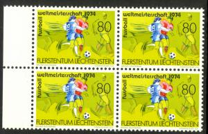 LIECHTENSTEIN 1974 WORLD CUP SOCCER MUNICH Issue BLOCK OF 4 Sc 549 MNH