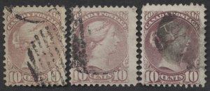 Canada #40 x 3 10c Small Queens Montreal Printings Shades Perfs Papers