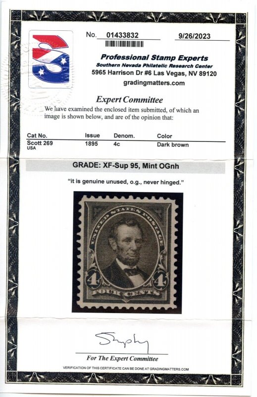 US SCOTT #269 MINT-XF-SUPERB-OG-NH GRADED 95 W/ PSE CERT SMQ $1,400