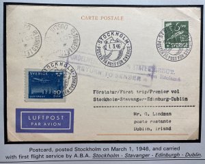 1946 Stockholm Sweden First Flight Airmail Postcard Cover To Dublin Ireland