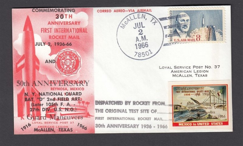 US McAllen Texas ROCKET MAIL to Mexico - 1966 with commem label