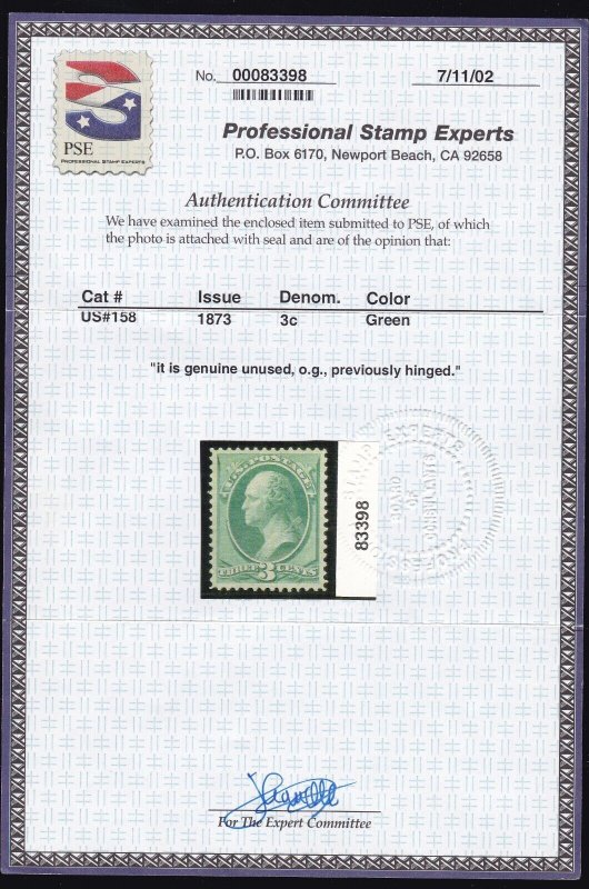 US 158 3c Washington Unused VF -XF OG H w/ PSE Cert SCV $300 (BB4)