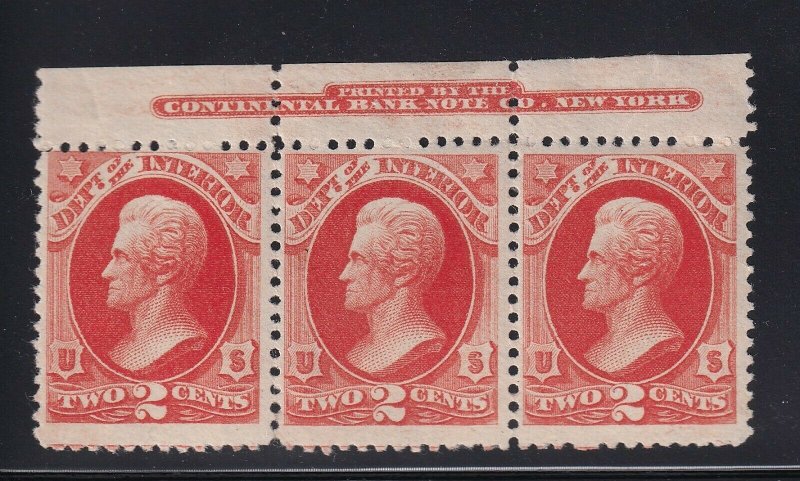 O16 F-VF corner imprint strip of 3 OG mint hinged nice color cv $225 ! see pic !