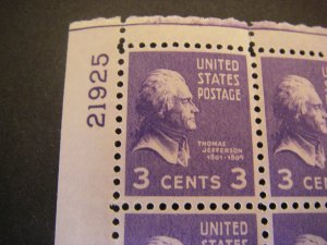 Scott 807, 3c Thomas Jefferson, PB4 #21925 x4, Matched Set, MNH Prexie Beauties