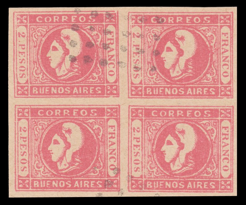 ARGENTINA - BUENOS AIRES 1859. LIBERTY HEAD STAMP. SCOTT # 11.. SCV: $800.00.# 1