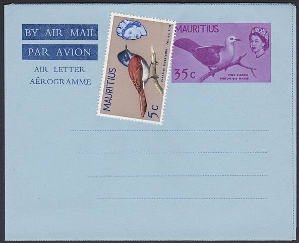 MAURITIUS QE 35c Pink Pigeon aerogramme unused uprated 5c bird..............Q785